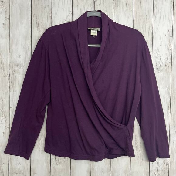Maggies Organics Purple 3/4 Sleeve Cross Over Front V Neck Cotton Shirt Sweater - Picture 1 of 7
